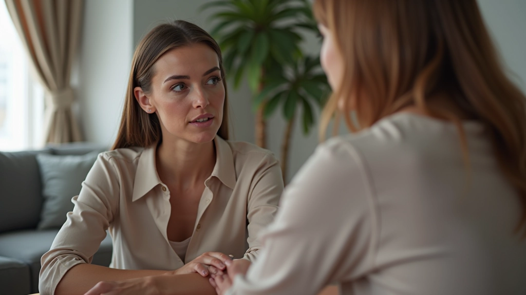 Duas mulheres em conversa, uma com expressão confiante falando, outra ouvindo atentamente
