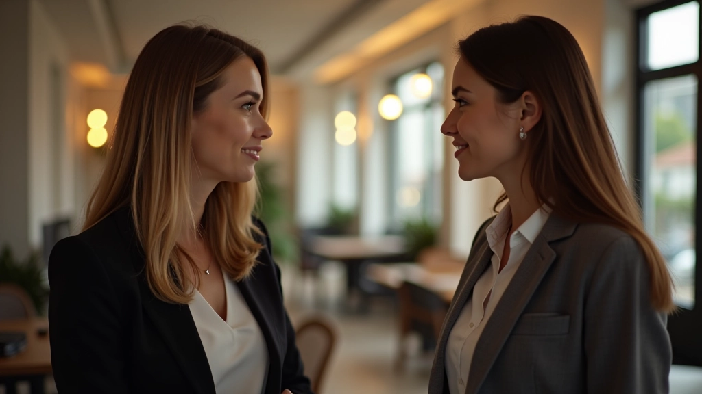 Duas mulheres em conversa, uma a falar com confiança e calma, comunicação assertiva clara