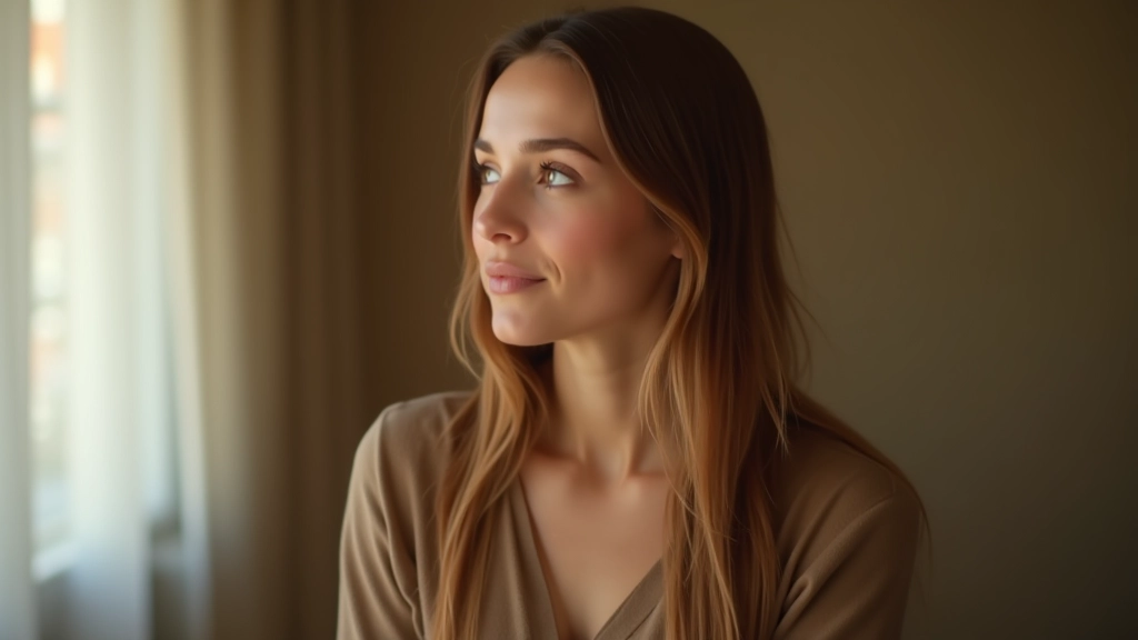 Mulher em espelho ou reflexão, olhando para si mesma com expressão de aceitação e confiança, iluminação suave