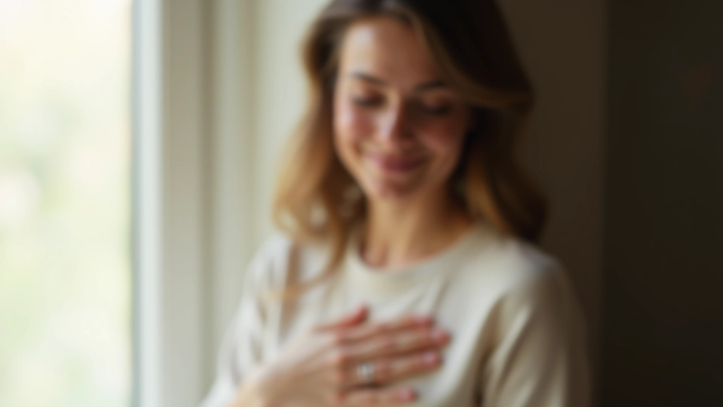 Mulher com mão no peito, olhos fechados, respiração controlada, num ambiente de luz suave e ambiente calmo