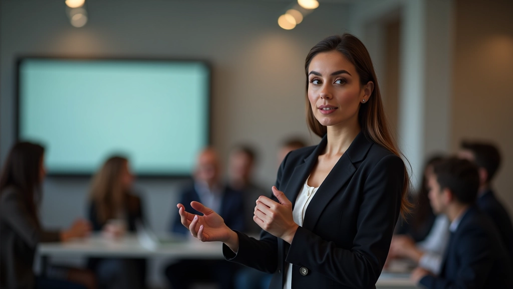 Mulher em apresentação, falando para grupo de pessoas, linguagem corporal aberta e confiante